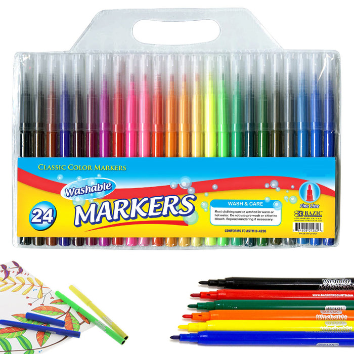 24 Pc Washable Classic Color Markers Assorted Colors Fine Tip Line Art Coloring