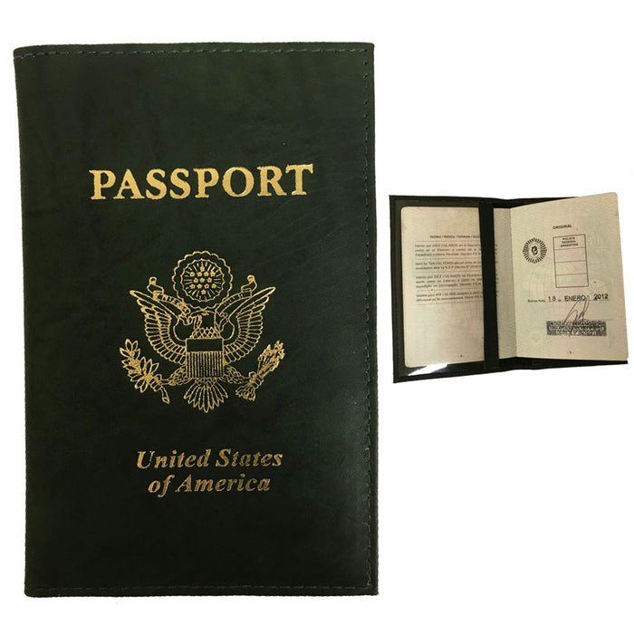 Genuine Leather Passport Holder Cover Wallet Travel Case Emblem Gold Dark Green