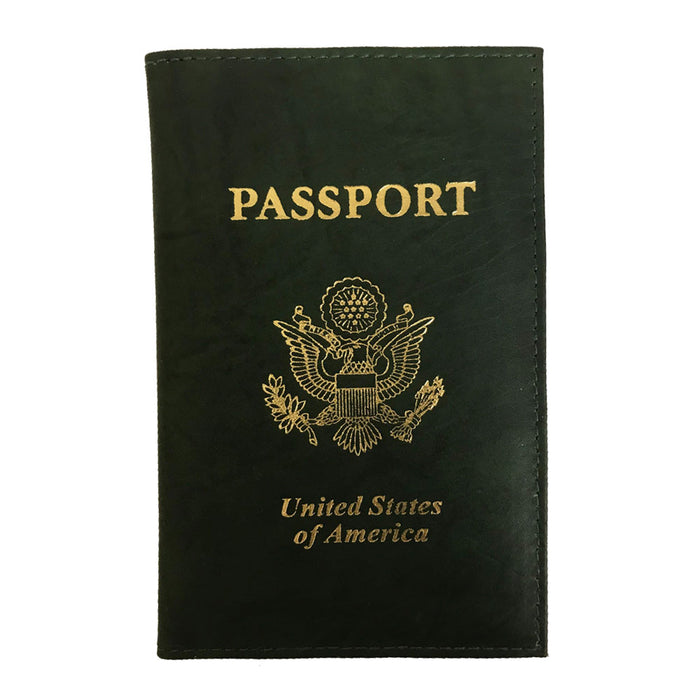 Genuine Leather Passport Holder Cover Wallet Travel Case Emblem Gold Dark Green