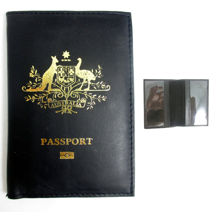 Australia Genuine Leather Passport Cover Holder Black Wallet Case Card Protector
