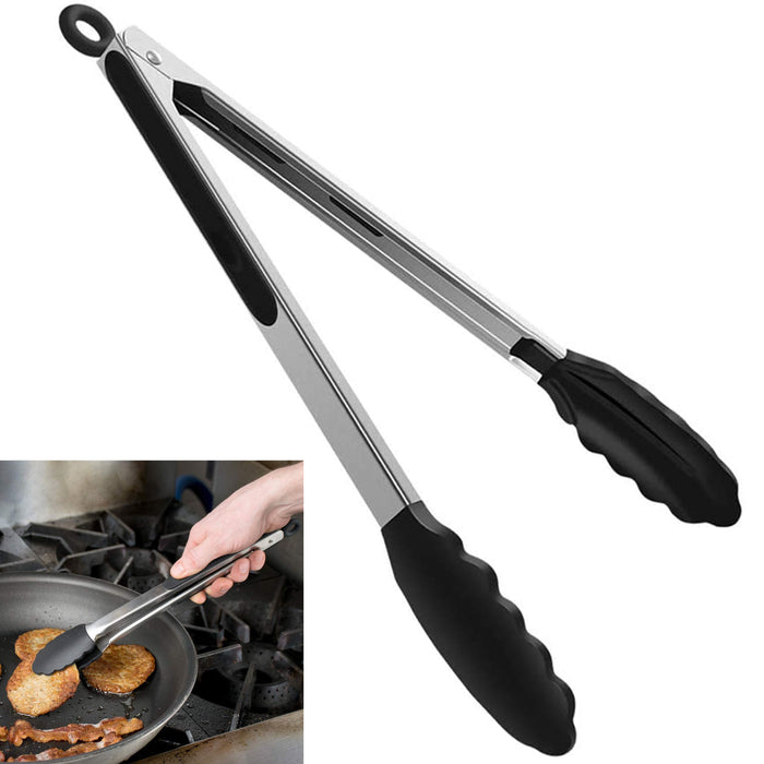 1 Pc Multi Purpose Silicone Metal Kitchen Tongs Food Serving Grill Cooking 12"