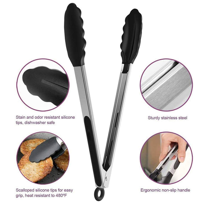 1 Pc Multi Purpose Silicone Metal Kitchen Tongs Food Serving Grill Cooking 12"