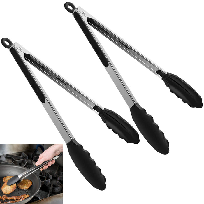2pc Silicone Stainless Steel Kitchen Tongs Salad BBQ Heavy Duty Food Serving 12"