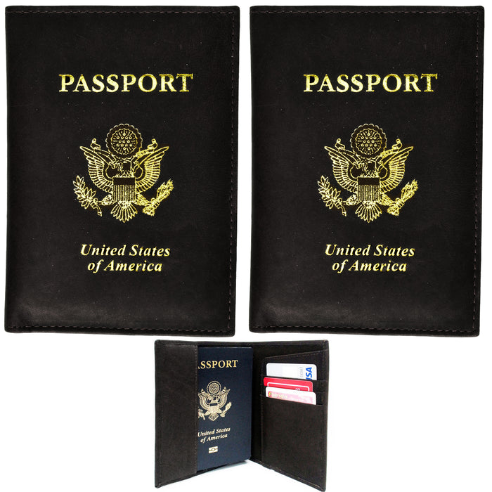 2 Pc Travel Genuine Leather Passport Holder Wallet Case Cards Money IDs Black
