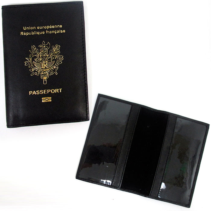 France French Leather Passport Cover Holder Black Wallet Case Card Protector New