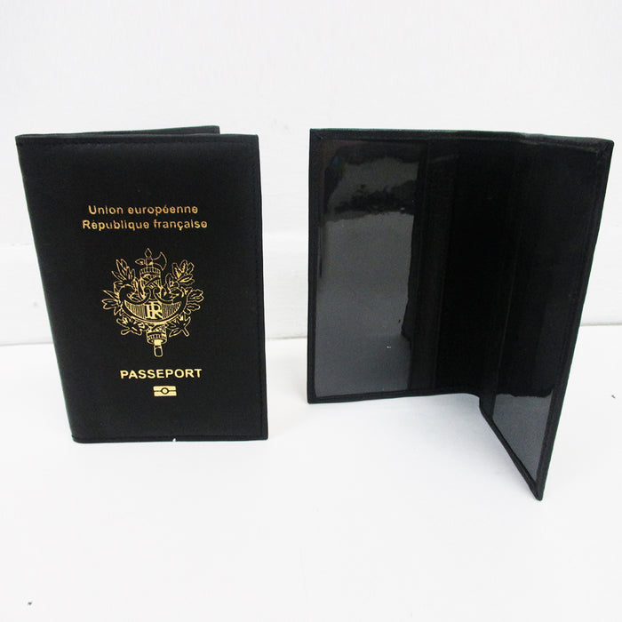 France French Leather Passport Cover Holder Black Wallet Case Card Protector New