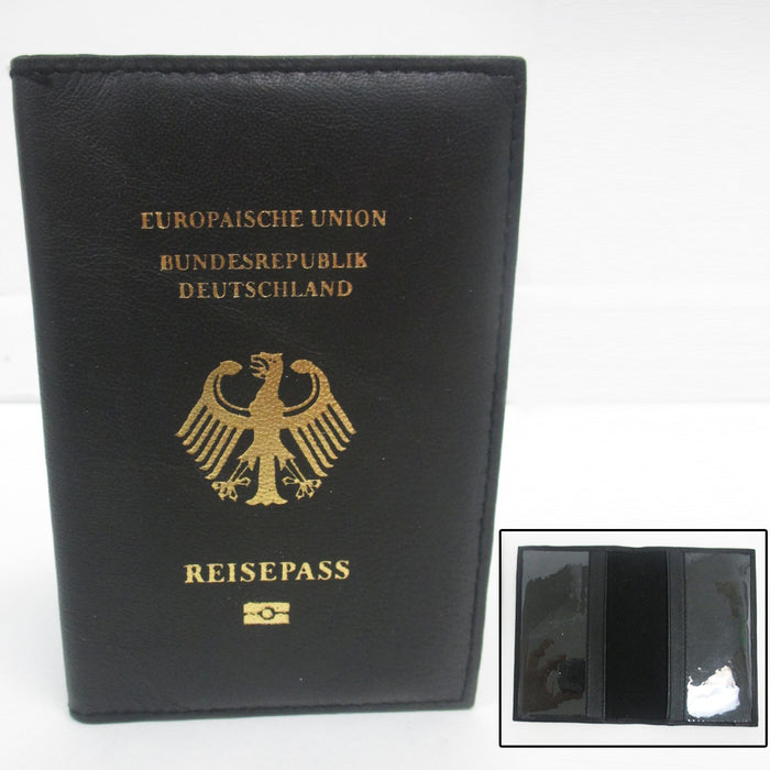 Deutschland German Leather Passport Cover Holder Black Case Card Protector New