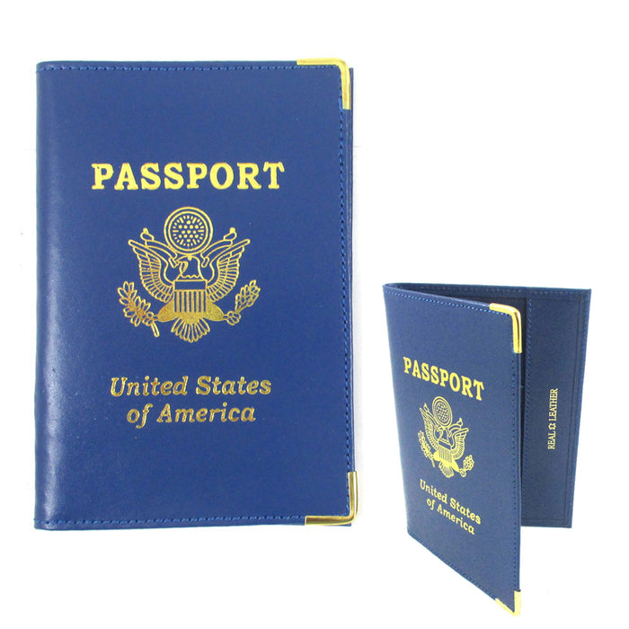4 Genuine Leather US Passport Cover Holder Wallet ID Case Travel Organizer Blue