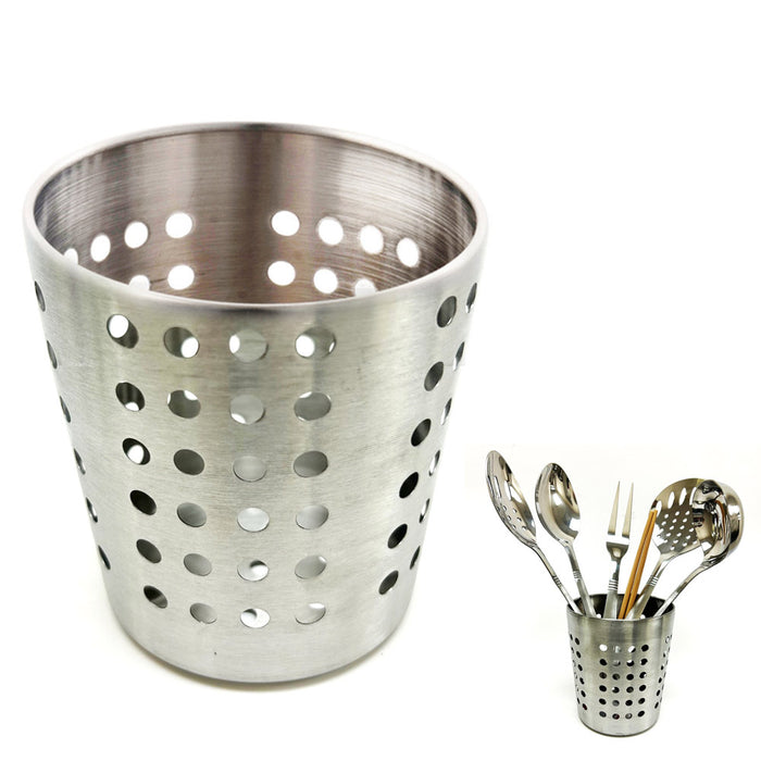 Sturdy Utensil Holder Stainless Steel Kitchen Home Office Dia 4.5 inch Cutlery Caddy, Silver