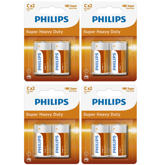 8 Size C Philips Super Heavy Duty Battery 4 Packs x 2 Batteries R14 1.5V