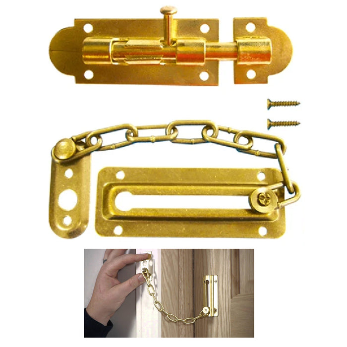 2 Pc Gold Door Guard Bolt Set Chain Latch Slide Lock Home Security Hardware