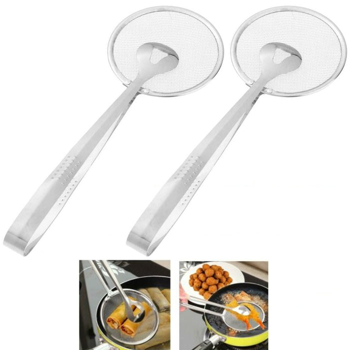2 Stainless Steel Hot Pot Tongs Fried Food Clip Oil Filter Strainer Mesh Silver