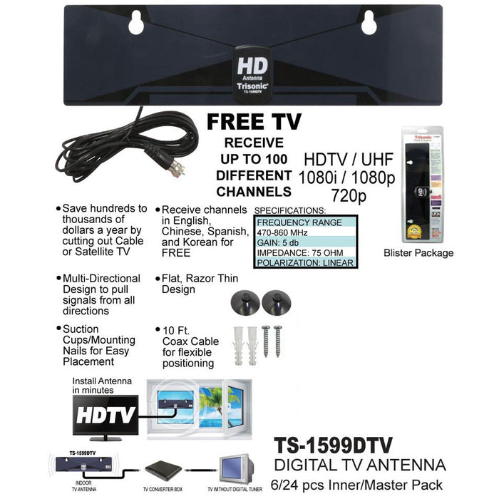 Digital TV Antenna Free Channels HDTV DTV Box Ready HD VHF UHF Flat Design High