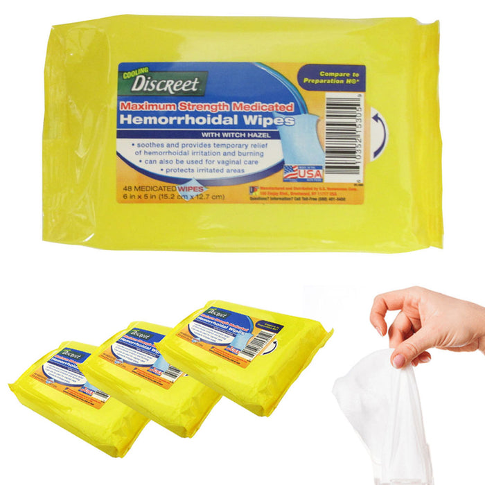 3 Pack Medicated Hemorrhoids Wipes Flushable Relief Maximum Strength 144 Count