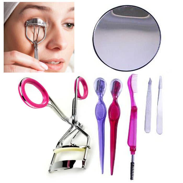 7pc Face Kit Eye Lashes Curler 12x Mirror Tweezer Razor Brow Brush Comb Grooming