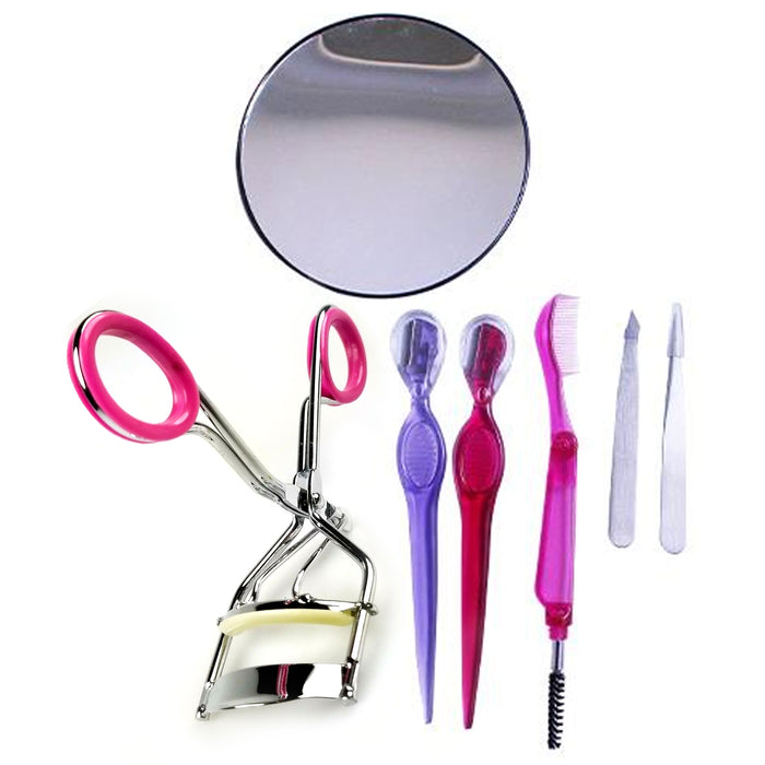7pc Face Kit Eye Lashes Curler 12x Mirror Tweezer Razor Brow Brush Comb Grooming