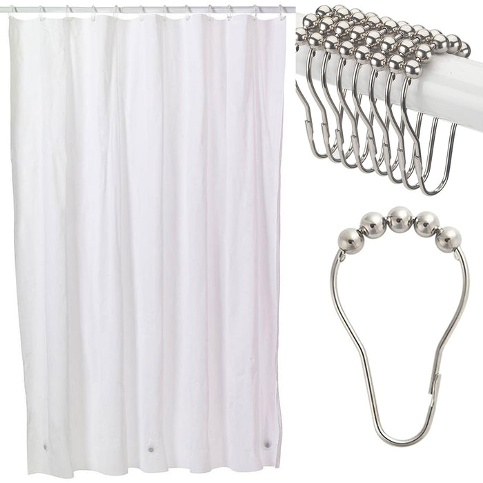 Shower Curtain Liner W/ 12 Rings Glide Hooks Vinyl Magnet White 70x72