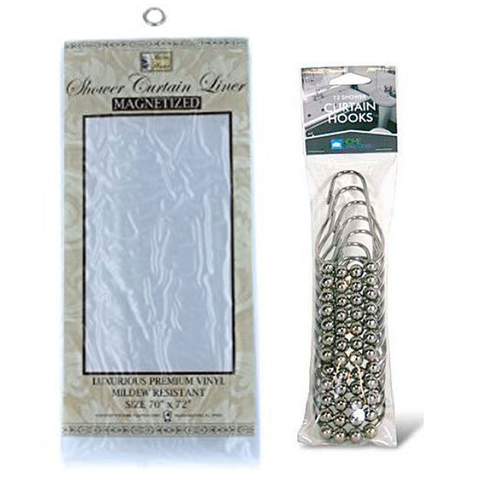 Shower Curtain Liner W/ 12 Rings Glide Hooks Vinyl Magnet White 70x72