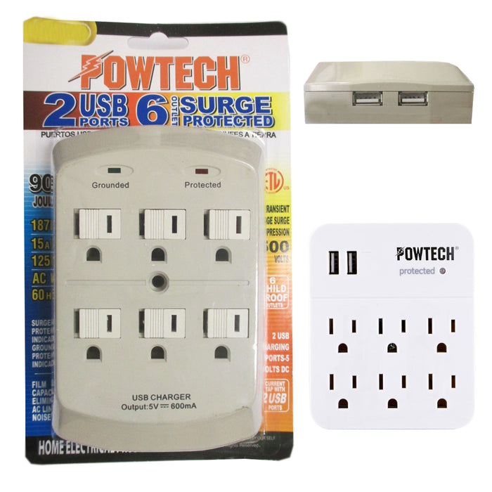 2 USB + 6 Outlet Wall Adapter Surge Protector Tap Child Proof Dual Port ETL