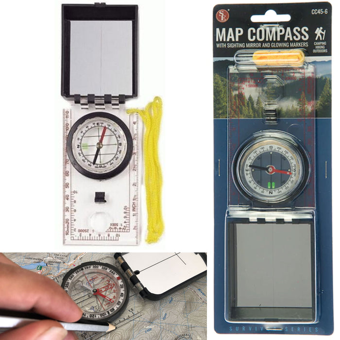 1 Map Compass Sighting Mirror Distance Scale Luminous Markers Camping Hiking