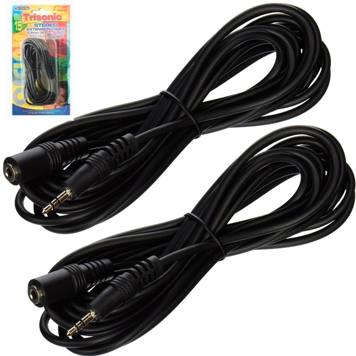 2 Pc 15Ft 3.5mm Audio Aux Cable Jack Male Female Stereo Extension Headphone Cord