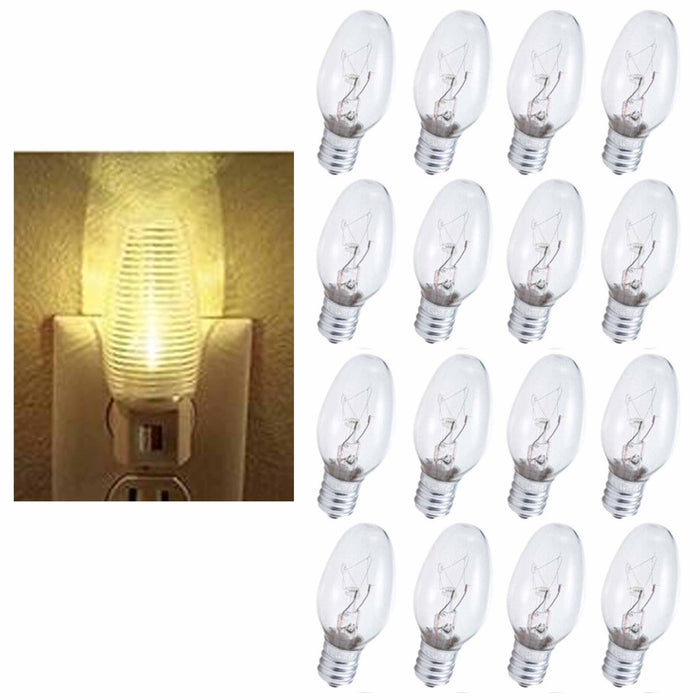 16 Clear Replacement Night Light Bulbs Candle 7W Warm Lighting 120V Candelabra