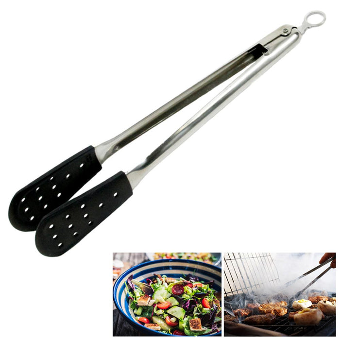 Tong 12" Stainless Steel Cooking Locking BBQ Grill Salad Kitchen Tool Silicone