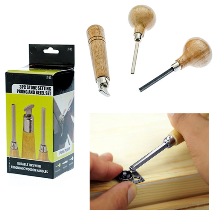 3 Pc Jewelry Stone Setting Prong Bezel Tool Set Pushers Roller Tools Wooden