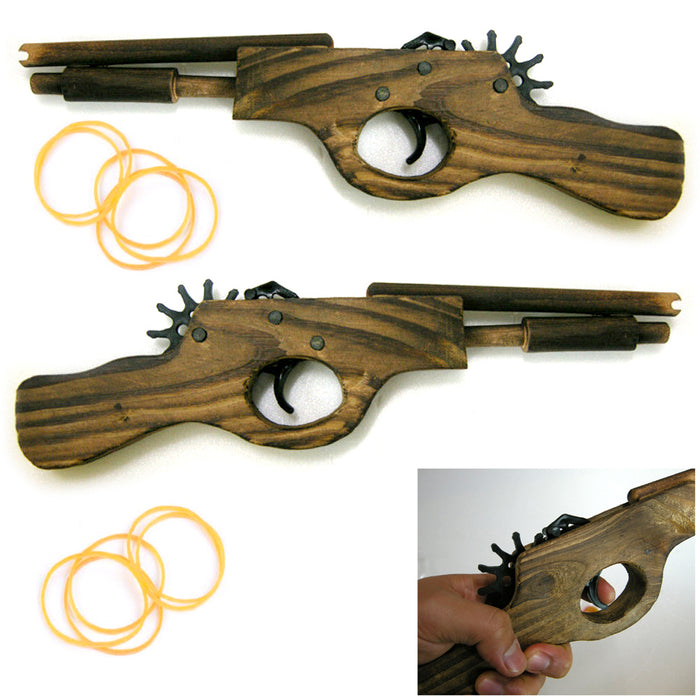 2 Wooden Toy Pistol 12" Gun Rubber Band Shooter Sling Shot Kids Cowboy Classic