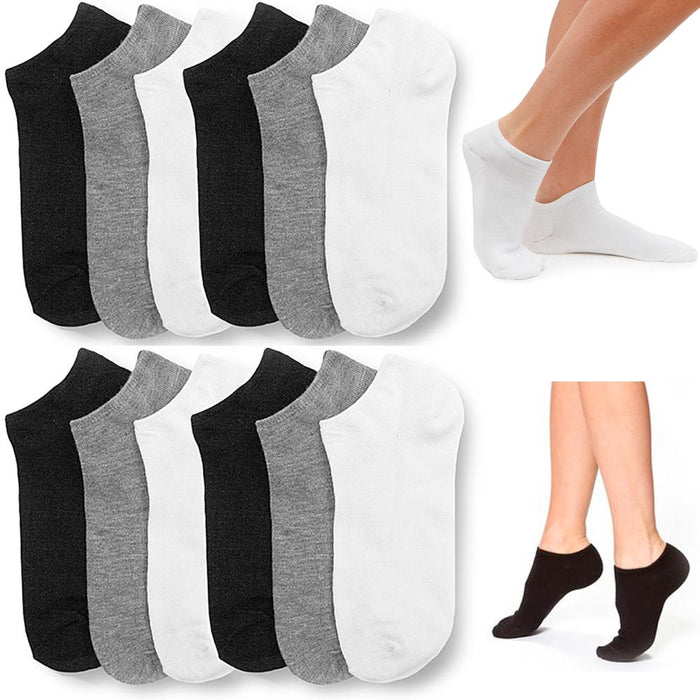 12 Pair Womens Ankle Socks Low Cut Fit Crew Size 9-11 Sport Black White Grey NEW
