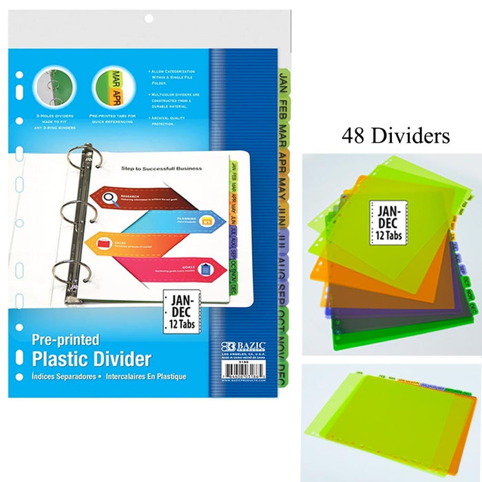 48 Pk Index Dividers Preprinted Jan-Dec 12 Month 3 Ring Binders Multicolor Tabs