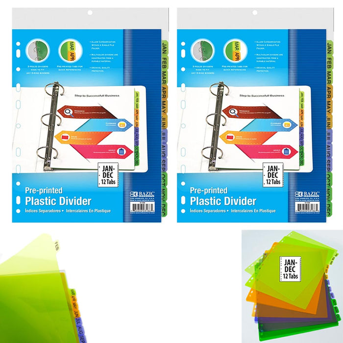 24 Tab Plastic Dividers 12 Preprinted Months Multicolor 11 Rings Binder Index