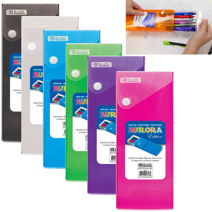 4pc Pencil Pouch Storage Box Slider Case Button Closure School Pen Marker Holder