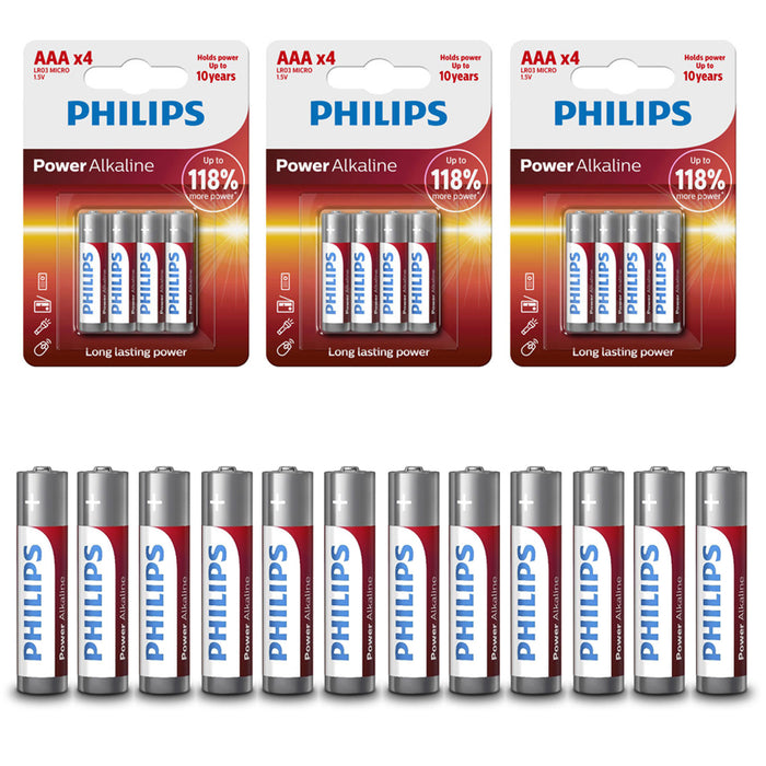 Pack 12 Philips AAA 1.5V Alkaline Batteries Size Power LR03 Micro AM4 EXP 2026