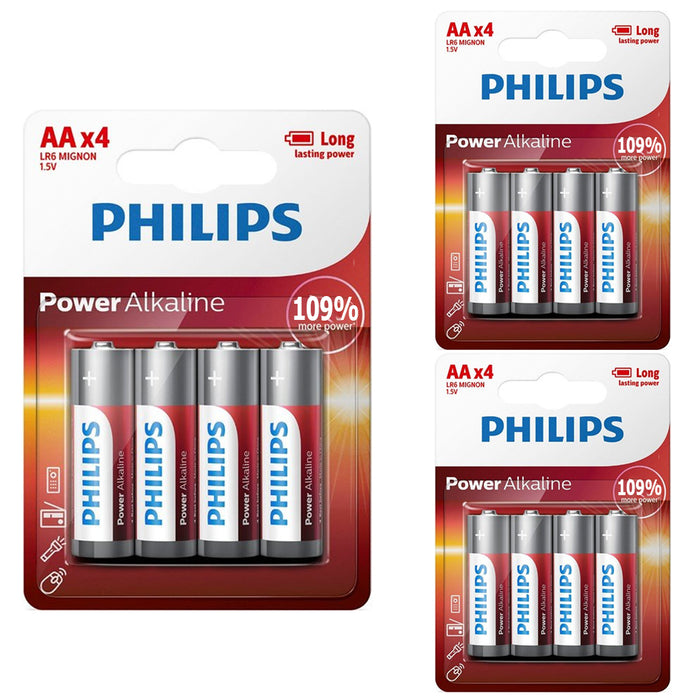 12 x AA Philips Power Alkaline Batteries LR6 1.5V Bulk Long Lasting Expire 2026