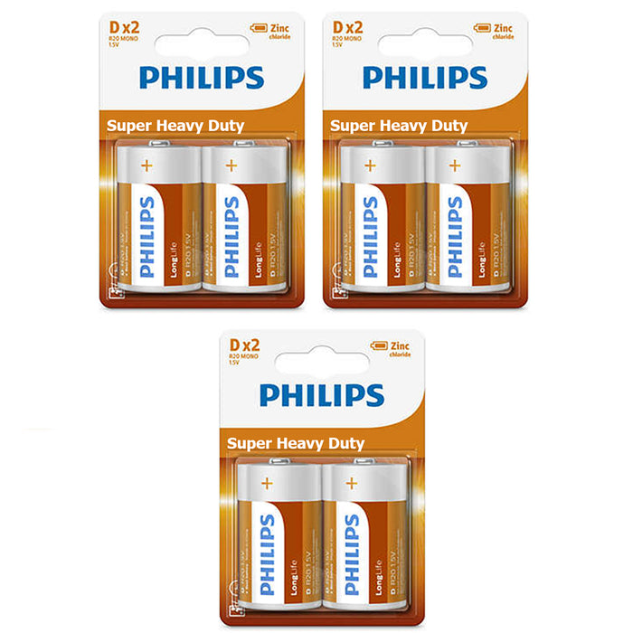 6 X Philips D Cell Batteries R20 Battery Heavy Duty Power Toys Pack Lot Exp 2022