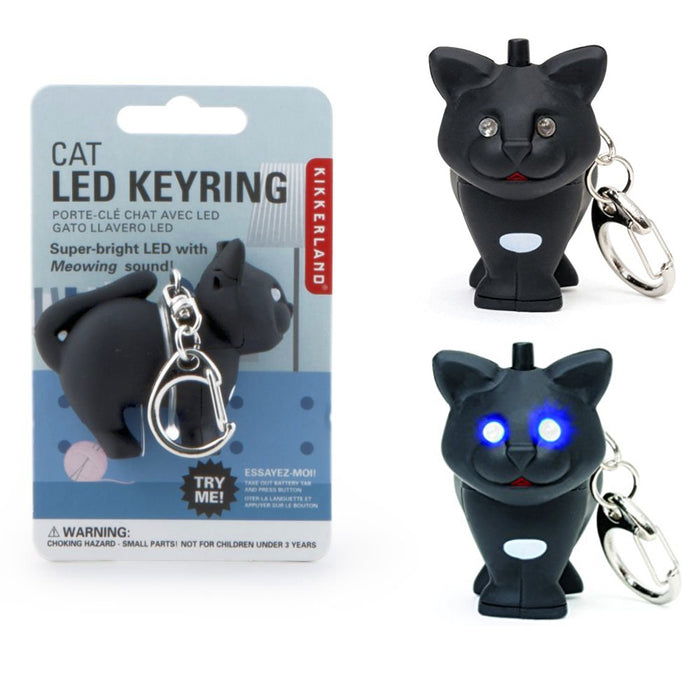 Kikkerland Black Cat LED Keyring Light Up Eyes Meowing Sound Key Chain Fun Gift