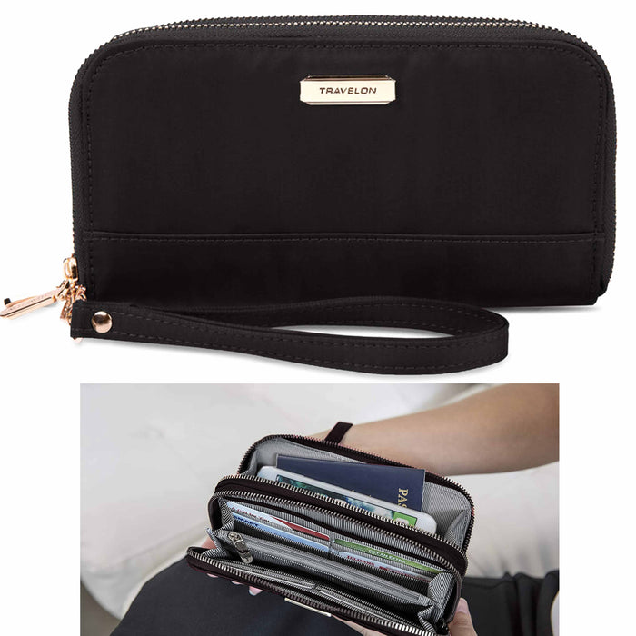 1 Travelon RFID Blocking Double Zip Wallet Nylon Holder Card Case Wristlet Pouch