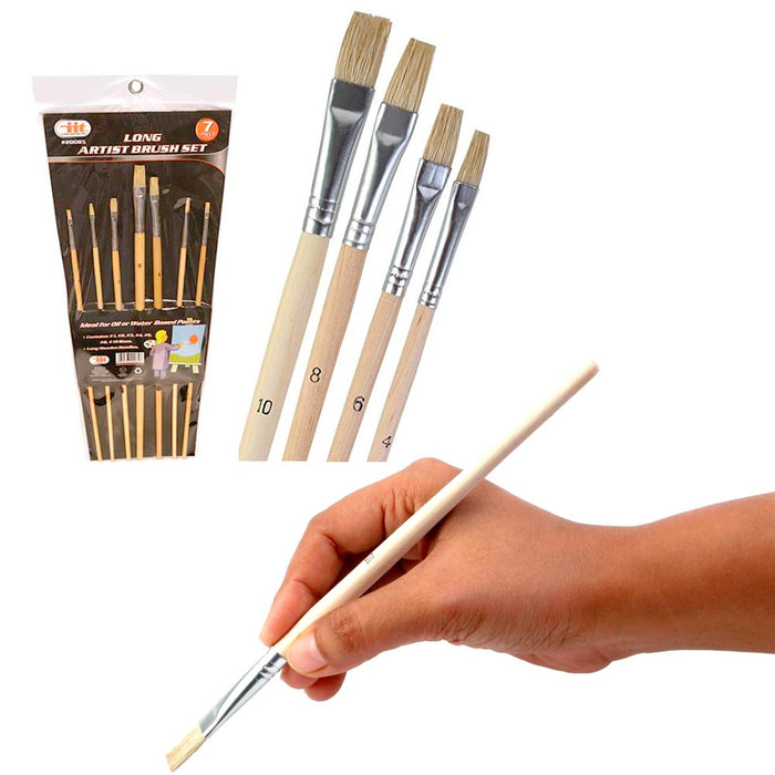 Paint Brush Set 7 Brushes for Acrylic Oil Watercolor Gouache Artist Long Wooden