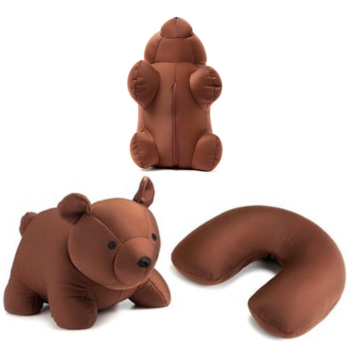 1 Kikkerland Travel U Neck Pillow Zip and Flip Bear Brown Brown Compact Portable