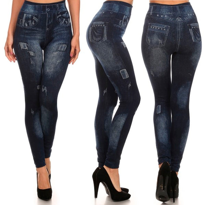 Womens Fashion Jeggings Jeans Look Printed Leggings Pants Stretchy Skinny Slim !