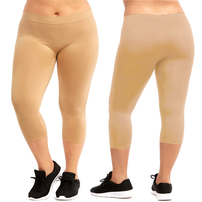 Women Seamless Plus One Size Footless Stretch Yoga Pants Capri Leggings Beige