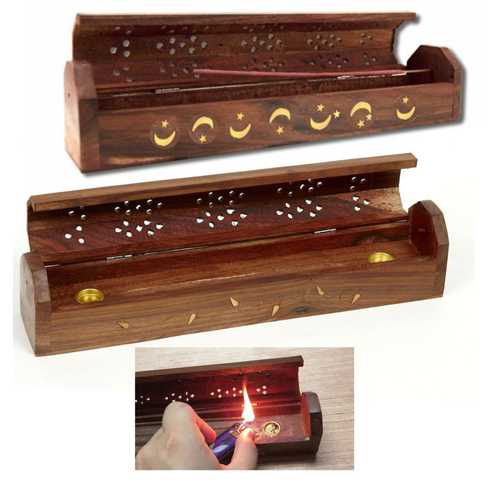 1 Pc Wooden Incense Burner Box Coffin Hinged Style Burning Sticks Cones 12 inch