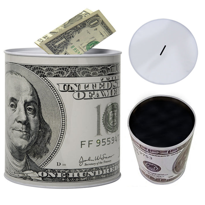 1 Tin Money Savings Piggy Bank with Ben Franklin $100 Bill Money Coin Saver 6"