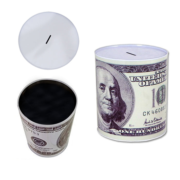 1 Tin Money Savings Piggy Bank with Ben Franklin $100 Bill Money Coin Saver 6"