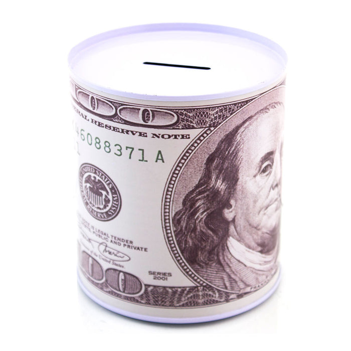 1 Tin Money Savings Piggy Bank with Ben Franklin $100 Bill Money Coin Saver 6"