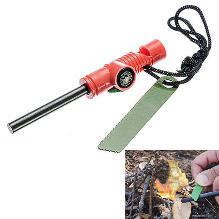 2 Pk Fire Starter Multi-Function Survival Tool Whistle Flint Rod Striker Hiking
