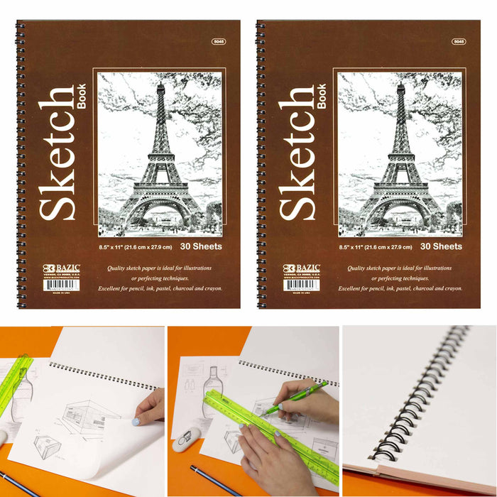 2 Sketch Pad Side Bound Spiral 8.5" X 11" 30 Sheet Each Drawing Paper Sketchbook