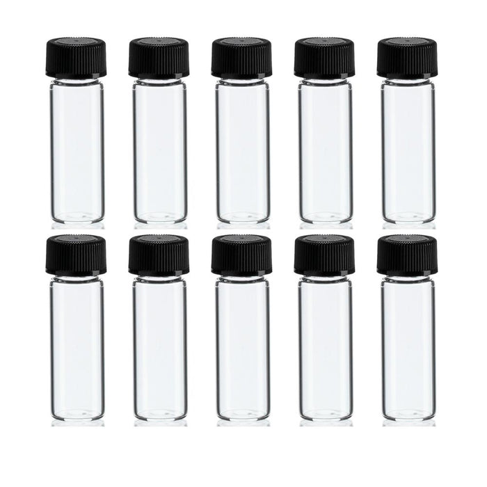 10 Mini Clear Glass Vial Bottles Caps 1 3/4 Tall 1/8 Oz Gold Panning Prospecting