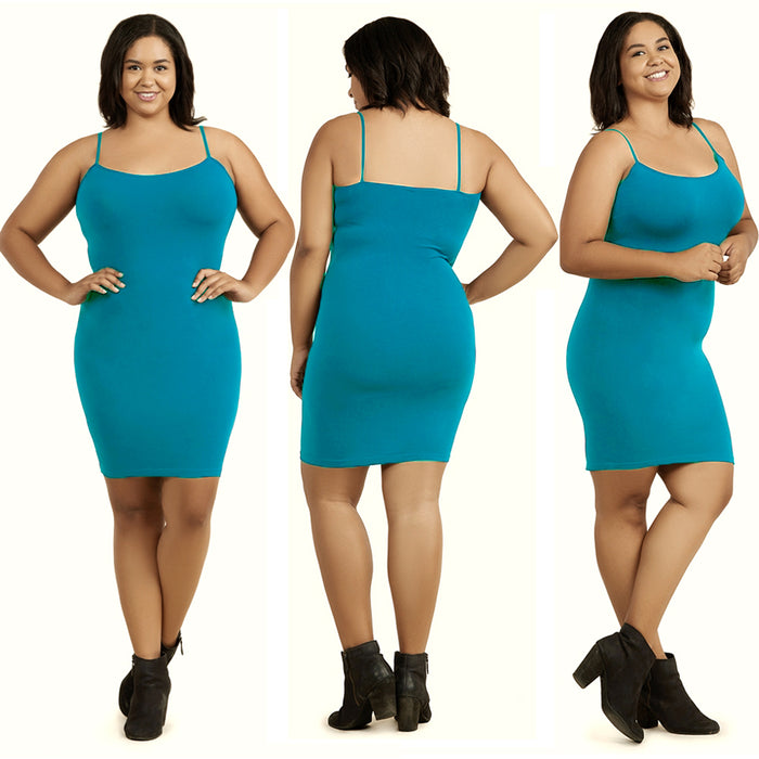3 Plus Ladies Long Poly Slip Dress Camisole Seamless Top Stretch One Size Teal
